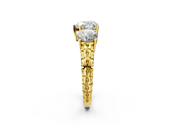 Yellow Gold Heart-Shaped Three-Stone Engagement Ring Setting with Engraved Notched Band