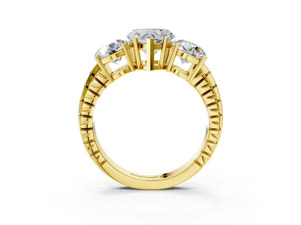Yellow Gold Heart-Shaped Three-Stone Engagement Ring Setting with Engraved Notched Band