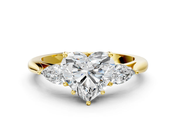 Yellow gold Three-Stone Heart Cut Diamond Ring with Pear  Side Stones in Four-Prong Setting