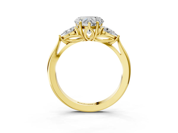 Yellow gold Three-Stone Heart Cut Diamond Ring with Pear  Side Stones in Four-Prong Setting