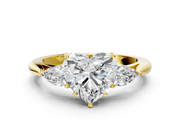 Yellow gold Three-Stone Heart Cut Diamond Ring with Pear  Side Stones in Four-Prong Setting