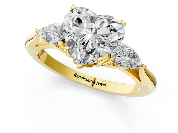 Yellow gold Three-Stone Heart Cut Diamond Ring with Pear  Side Stones in Four-Prong Setting