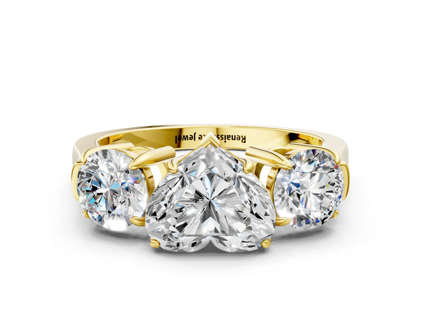 Yellow gold Three-Stone Heart Cut Diamond Ring with Round Accent Stones, Prong Setting, and Classic Band
