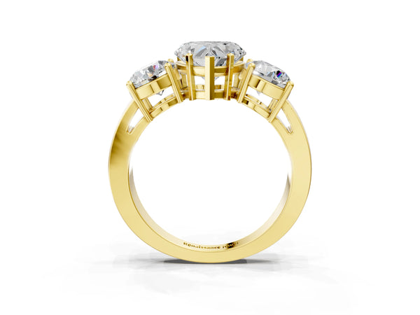 Yellow gold Three-Stone Heart Cut Diamond Ring with Round Side Stones, Classic Band, and Four-Prong Setting
