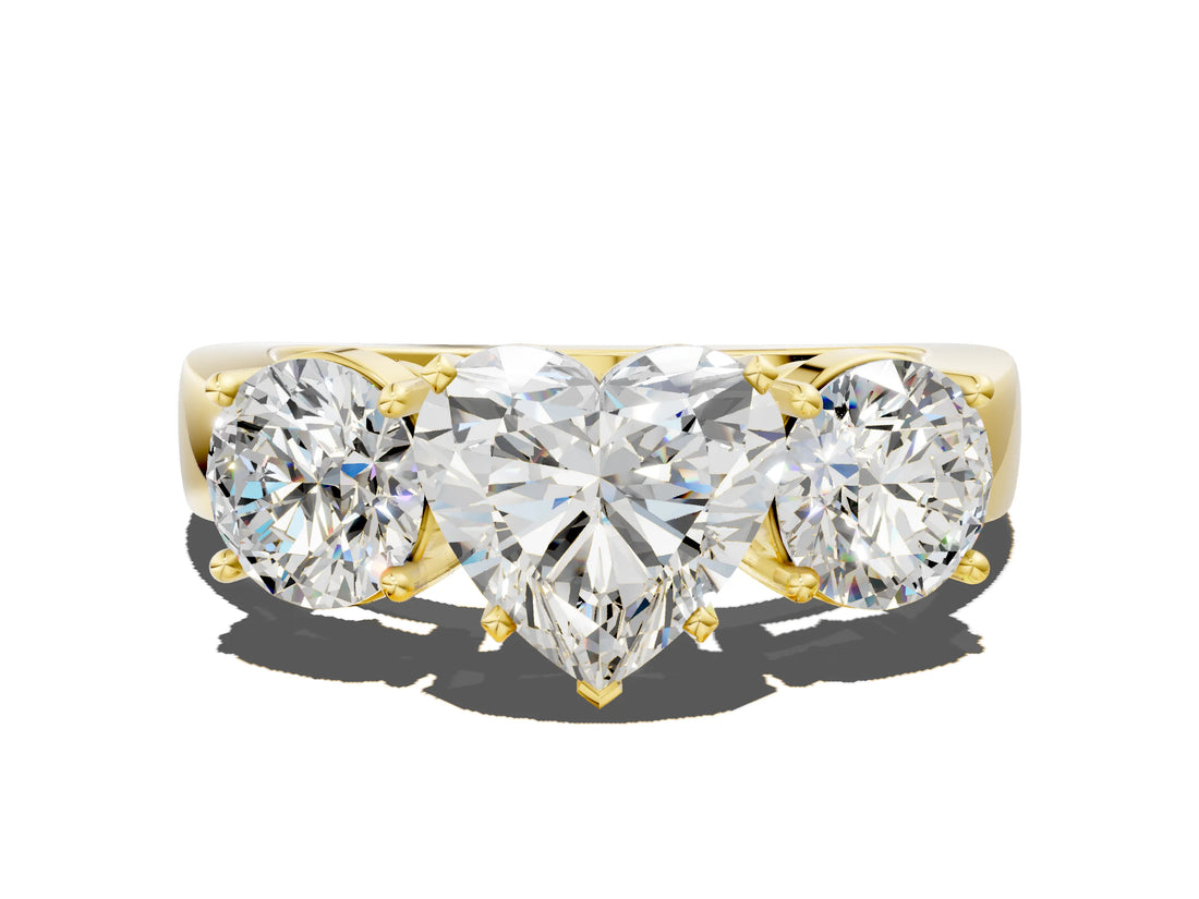 Yellow gold Three-Stone Heart Cut Diamond Ring with Round Side Stones, Classic Band, and Four-Prong Setting_7
