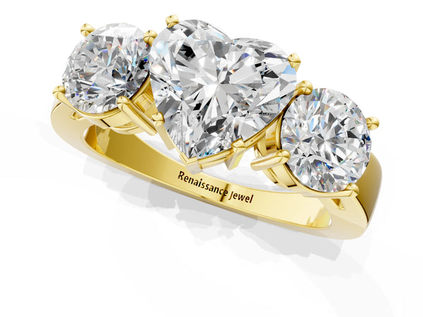 Yellow gold Three-Stone Heart Cut Diamond Ring with Round Side Stones, Classic Band, and Four-Prong Setting