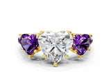 Yellow gold Three-Stone Heart Cut Diamond Ring with Round with Amethyst side stone Pavé Band and Prong Setting