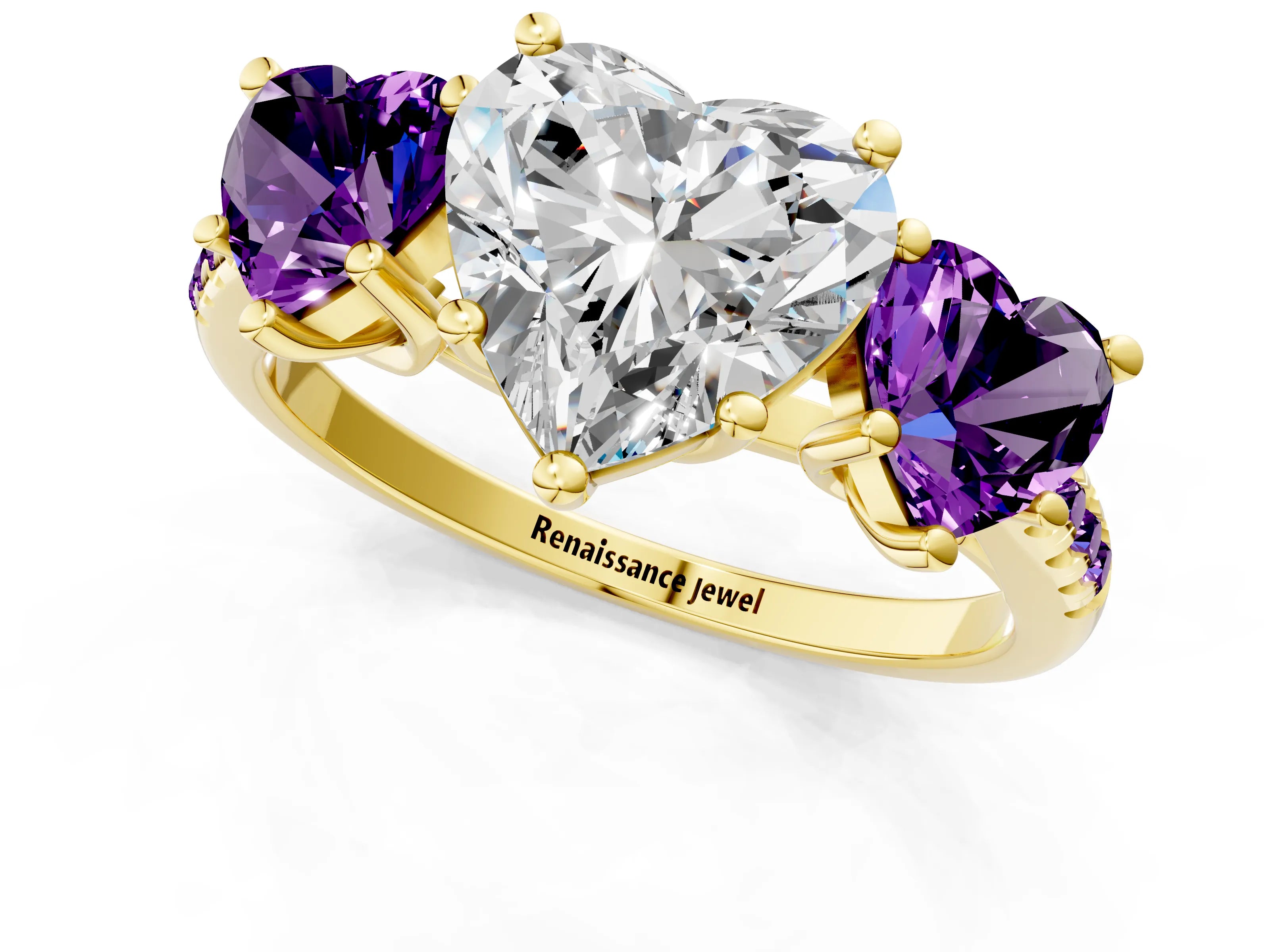 Yellow gold Three-Stone Heart Cut Diamond Ring with Round with Amethyst side stone Pavé Band and Prong Setting_1
