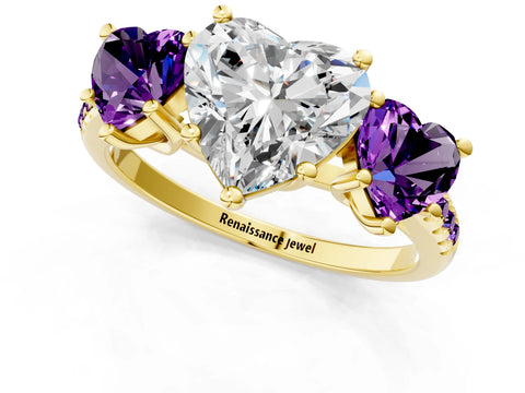 Yellow gold Three-Stone Heart Cut Diamond Ring with Round with Amethyst side stone Pavé Band and Prong Setting_1