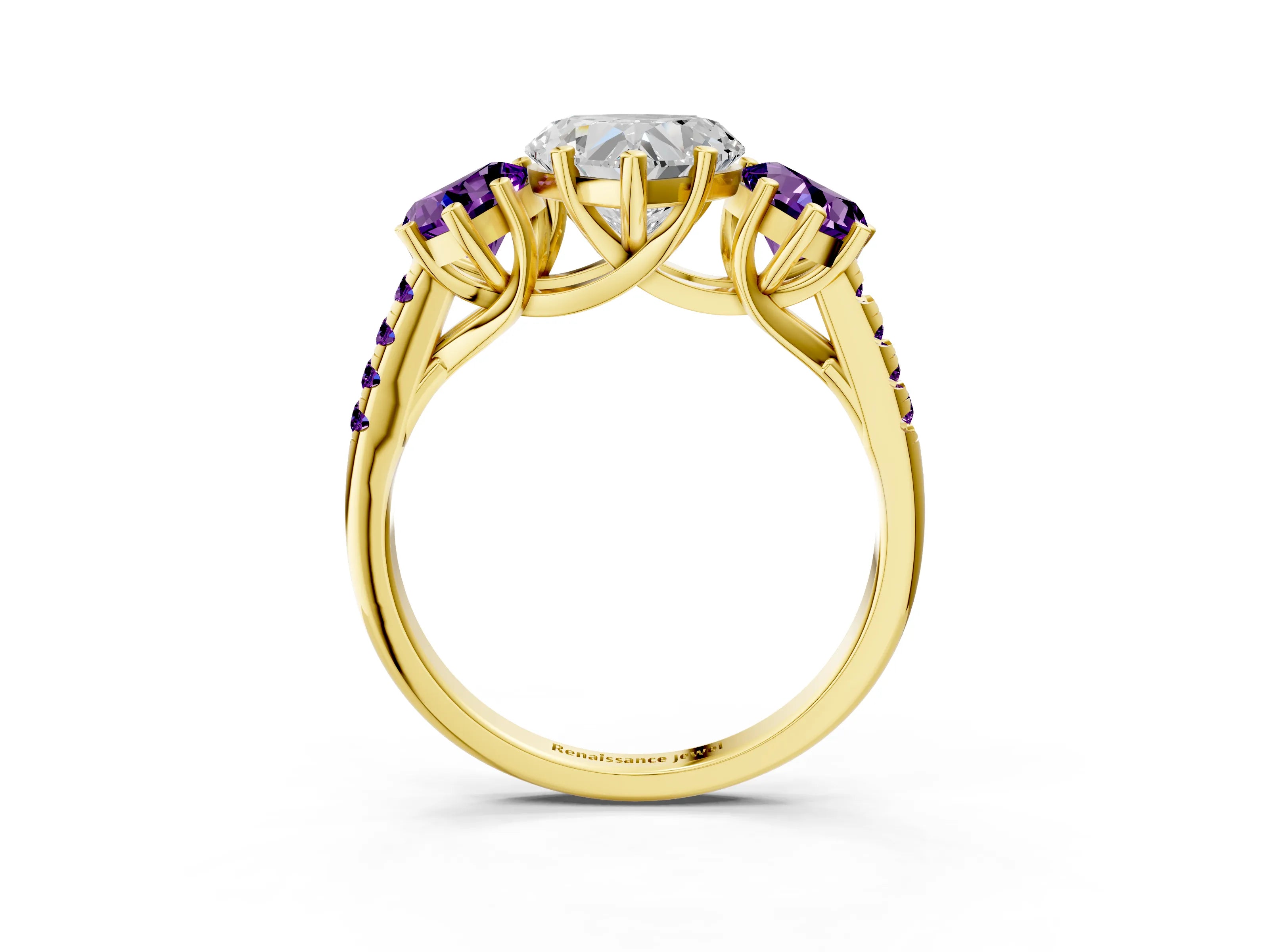 Yellow gold Three-Stone Heart Cut Diamond Ring with Round with Amethyst side stone Pavé Band and Prong Setting_3
