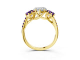 Yellow gold Three-Stone Heart Cut Diamond Ring with Round with Amethyst side stone Pavé Band and Prong Setting_3