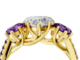 Yellow gold Three-Stone Heart Cut Diamond Ring with Round with Amethyst side stone Pavé Band and Prong Setting_4