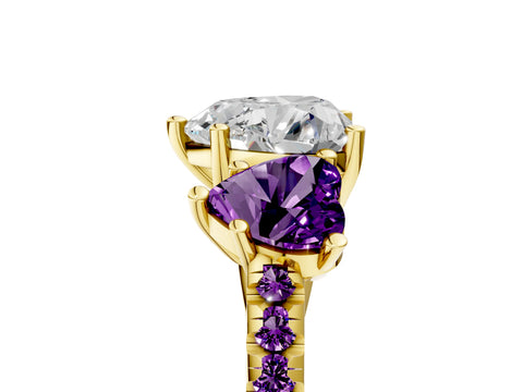 Yellow gold Three-Stone Heart Cut Diamond Ring with Round with Amethyst side stone Pavé Band and Prong Setting_5