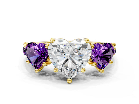 Yellow gold Three-Stone Heart Cut Diamond Ring with Round with Amethyst side stone Pavé Band and Prong Setting