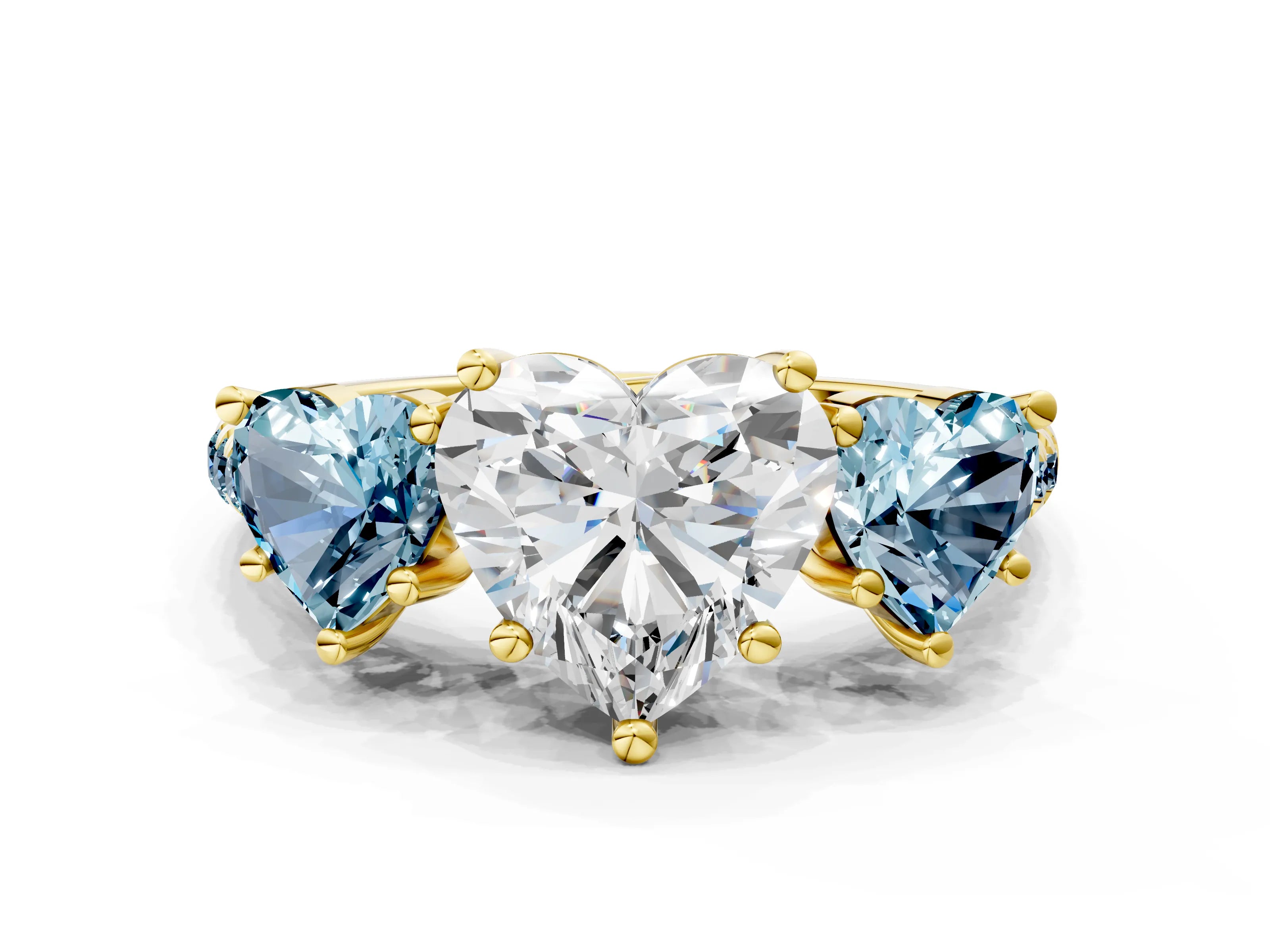 Yellow gold Three-Stone Heart Cut Diamond Ring with Round with Aquamarine side stone Pavé Band and Prong Setting