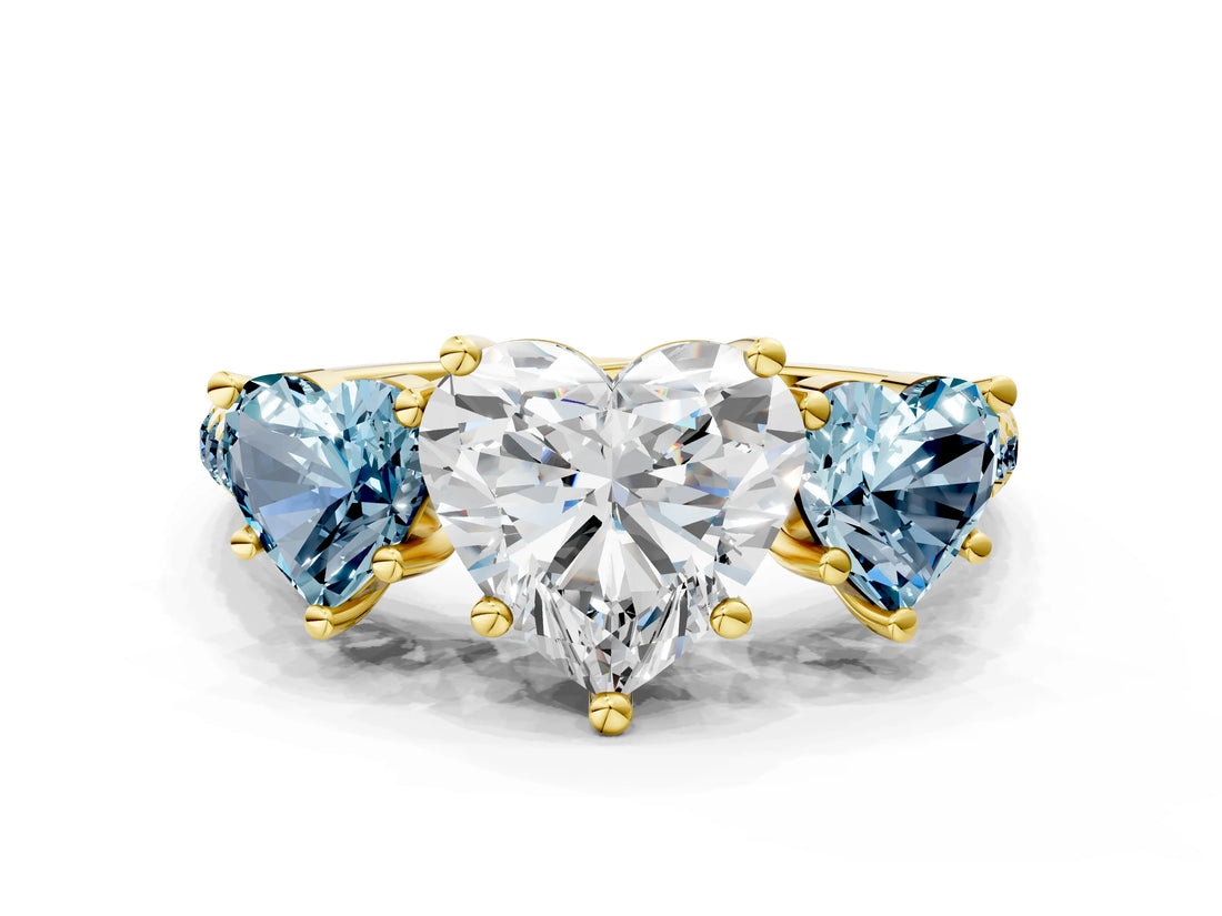 Yellow gold Three-Stone Heart Cut Diamond Ring with Round with Aquamarine side stone Pavé Band and Prong Setting