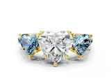 Yellow gold Three-Stone Heart Cut Diamond Ring with Round with Aquamarine side stone Pavé Band and Prong Setting