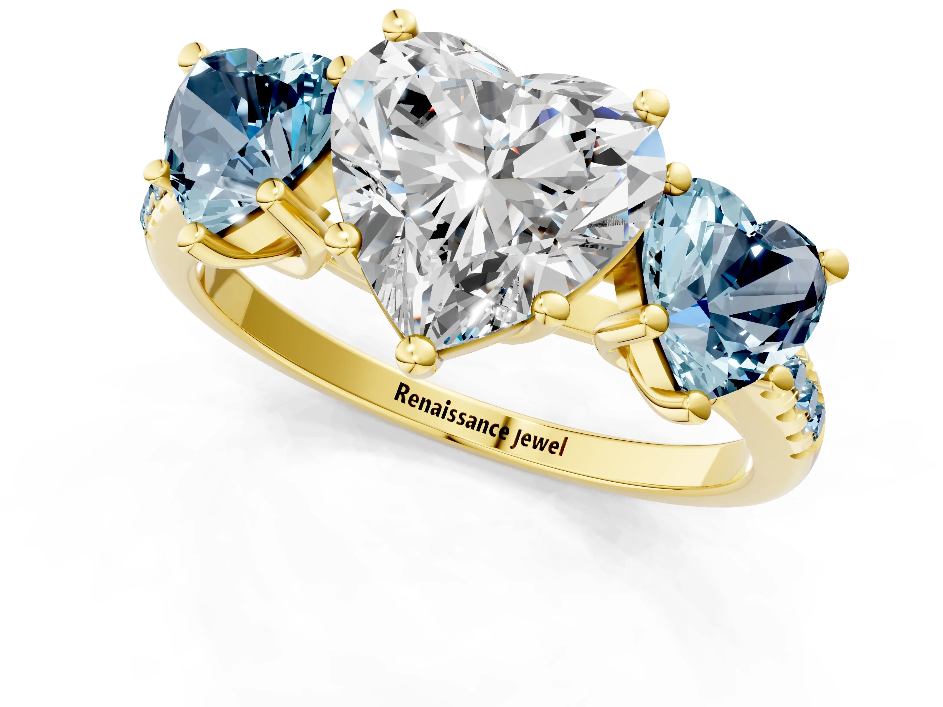 Yellow gold Three-Stone Heart Cut Diamond Ring with Round with Aquamarine side stone Pavé Band and Prong Setting_1