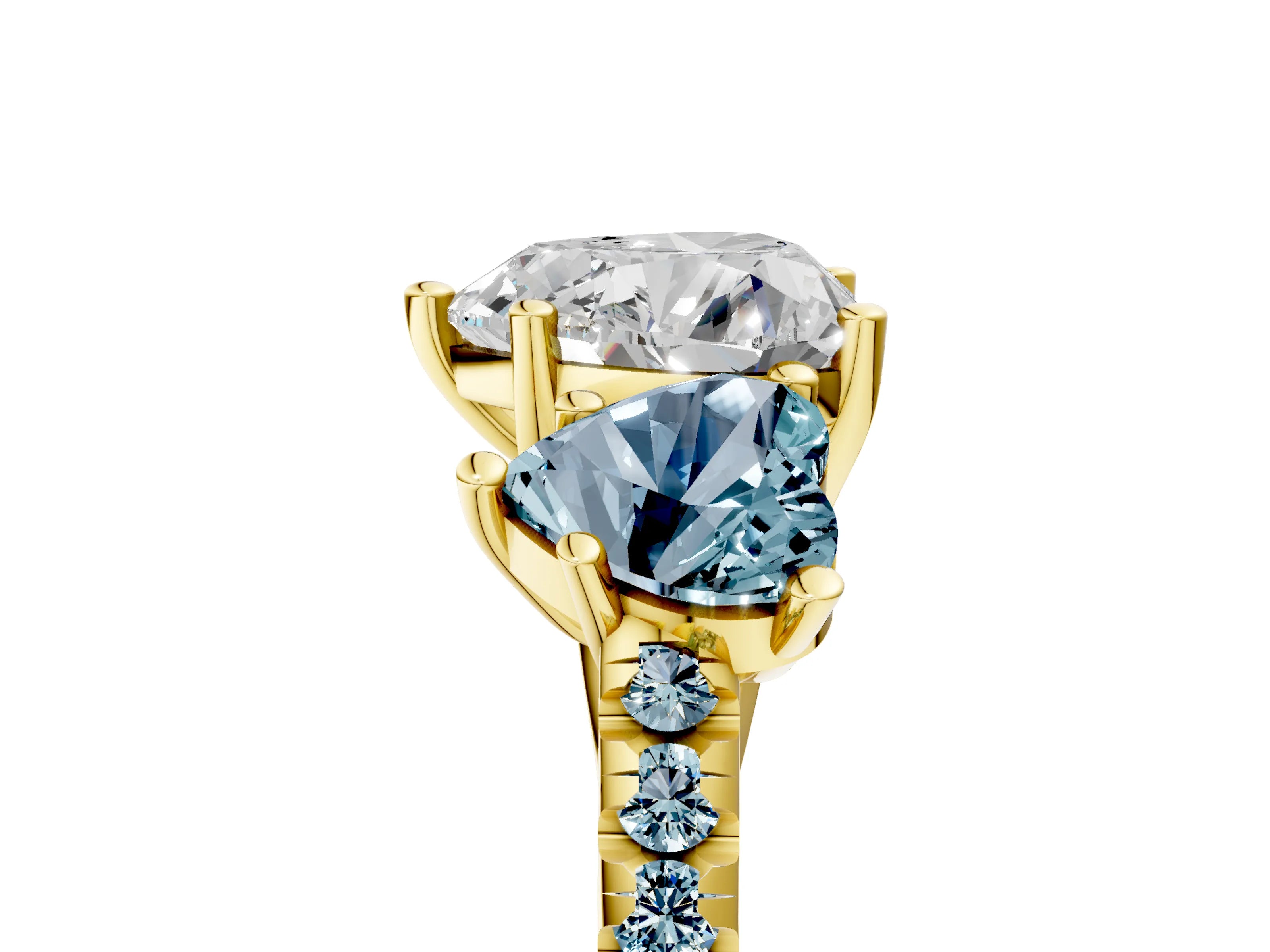 Yellow gold Three-Stone Heart Cut Diamond Ring with Round with Aquamarine side stone Pavé Band and Prong Setting_5