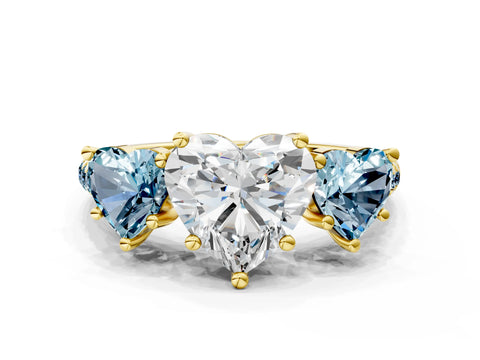 Yellow gold Three-Stone Heart Cut Diamond Ring with Round with Aquamarine side stone Pavé Band and Prong Setting
