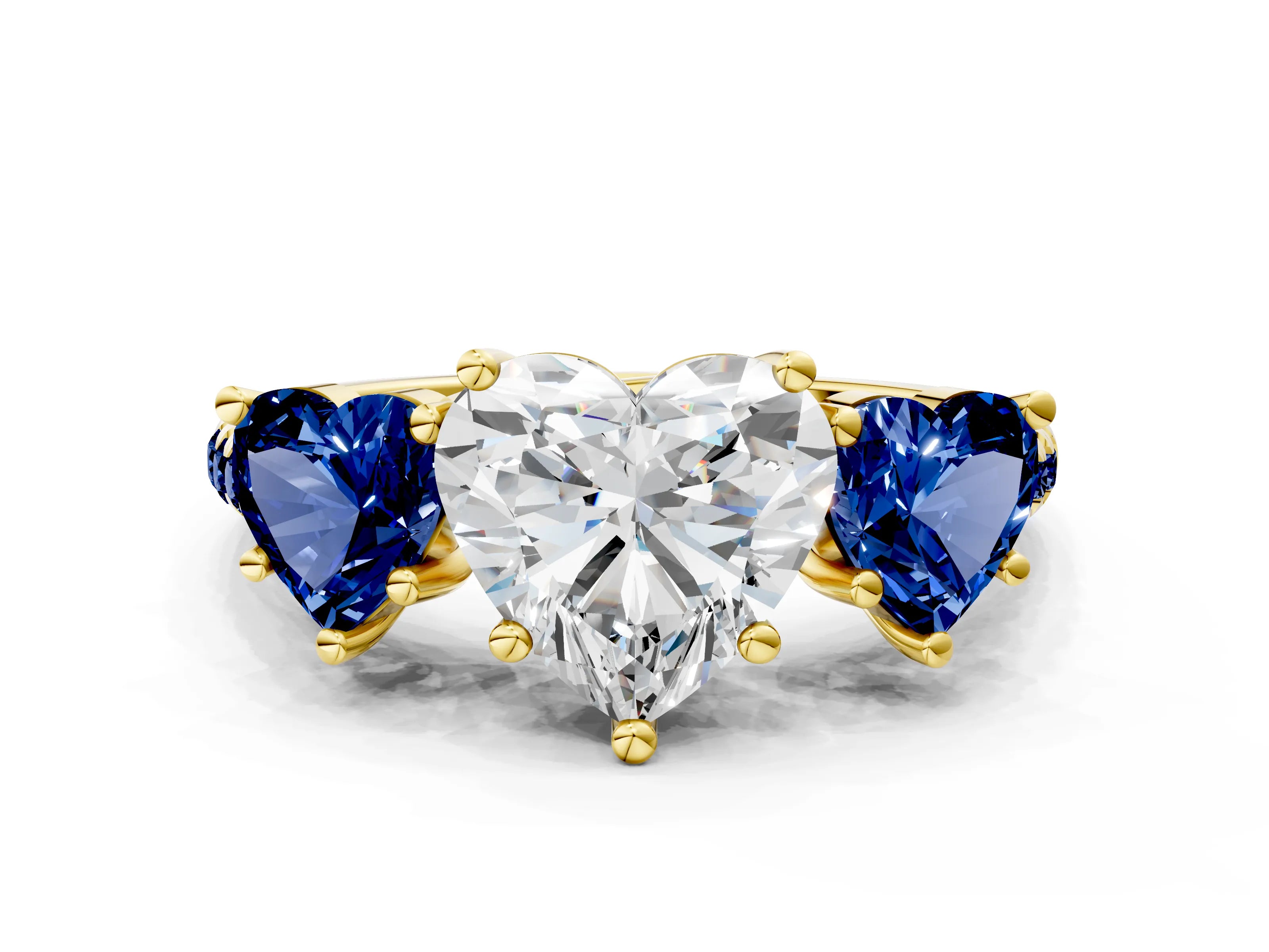 Yellow gold Three-Stone Heart Cut Diamond Ring with Round with Blue Sapphire side stone Pavé Band and Prong Setting