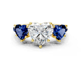 Yellow gold Three-Stone Heart Cut Diamond Ring with Round with Blue Sapphire side stone Pavé Band and Prong Setting