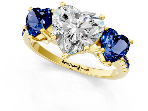 Yellow gold Three-Stone Heart Cut Diamond Ring with Round with Blue Sapphire side stone Pavé Band and Prong Setting_1