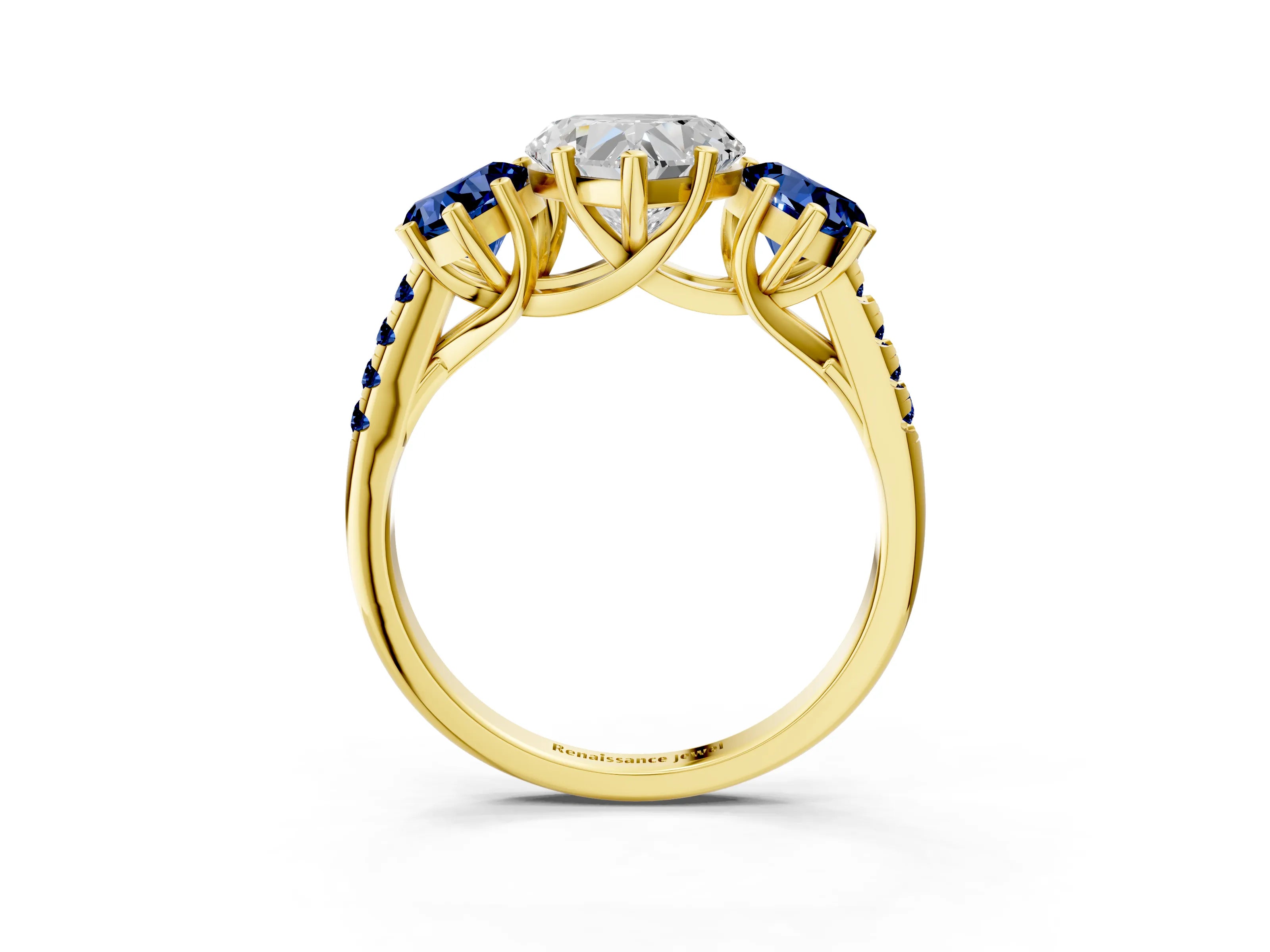 Yellow gold Three-Stone Heart Cut Diamond Ring with Round with Blue Sapphire side stone Pavé Band and Prong Setting_3
