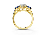 Yellow gold Three-Stone Heart Cut Diamond Ring with Round with Blue Sapphire side stone Pavé Band and Prong Setting_3