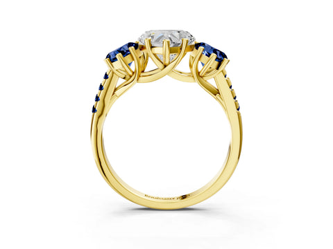 Yellow gold Three-Stone Heart Cut Diamond Ring with Round with Blue Sapphire side stone Pavé Band and Prong Setting_3