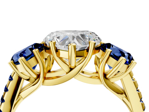 Yellow gold Three-Stone Heart Cut Diamond Ring with Round with Blue Sapphire side stone Pavé Band and Prong Setting_4