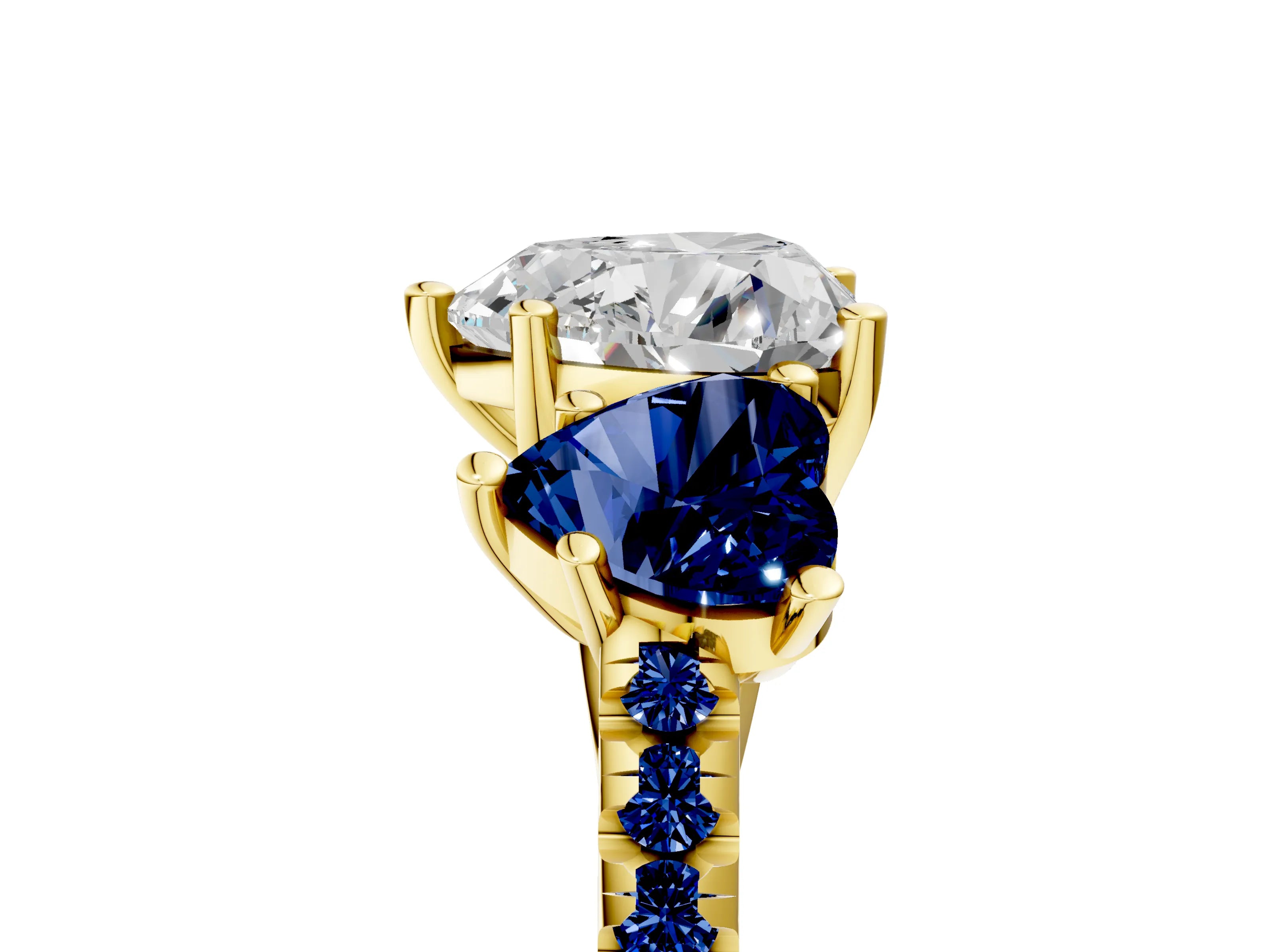 Yellow gold Three-Stone Heart Cut Diamond Ring with Round with Blue Sapphire side stone Pavé Band and Prong Setting_5