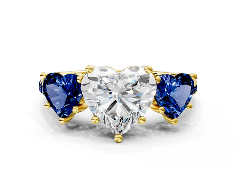 Yellow gold Three-Stone Heart Cut Diamond Ring with Round with Blue Sapphire side stone Pavé Band and Prong Setting