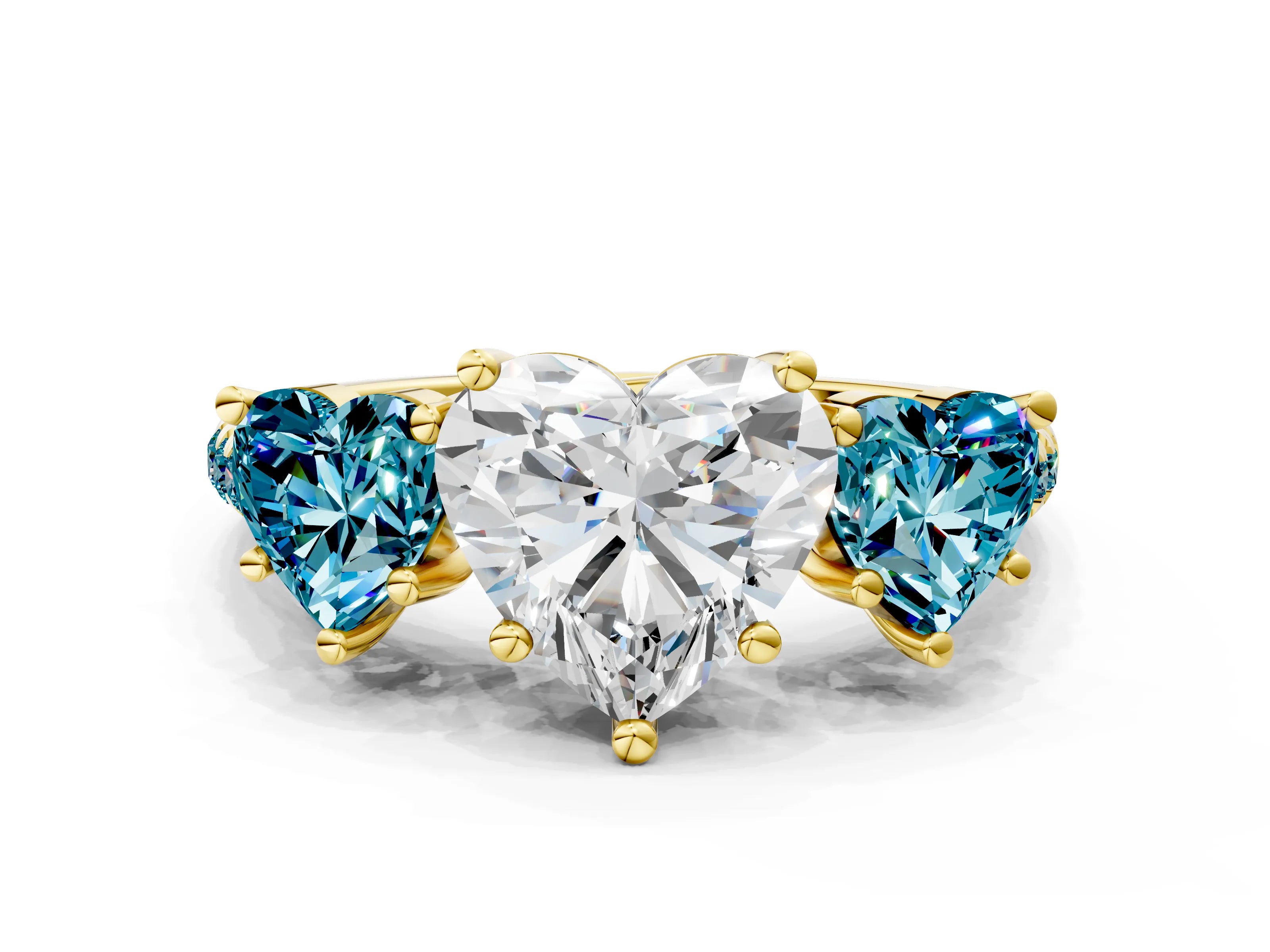 Yellow gold Three-Stone Heart Cut Diamond Ring with Round with Blue Topaz side stone Pavé Band and Prong Setting