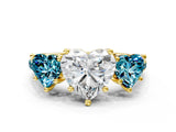 Yellow gold Three-Stone Heart Cut Diamond Ring with Round with Blue Topaz side stone Pavé Band and Prong Setting