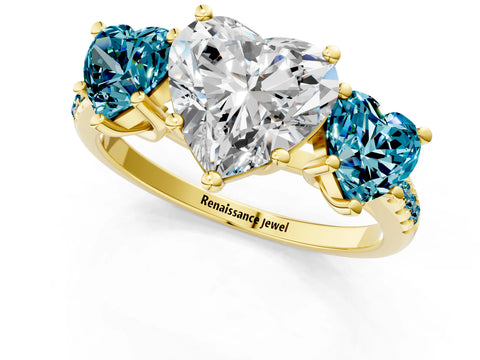 Yellow gold Three-Stone Heart Cut Diamond Ring with Round with Blue Topaz side stone Pavé Band and Prong Setting_1