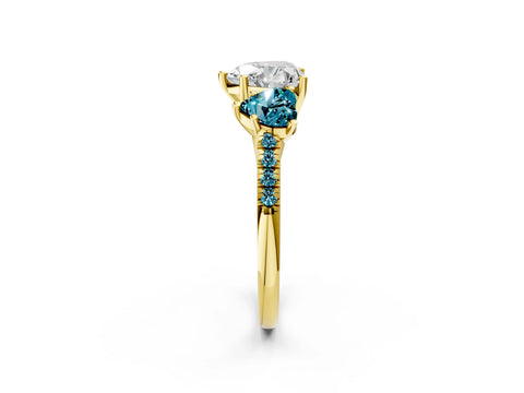 Yellow gold Three-Stone Heart Cut Diamond Ring with Round with Blue Topaz side stone Pavé Band and Prong Setting_2
