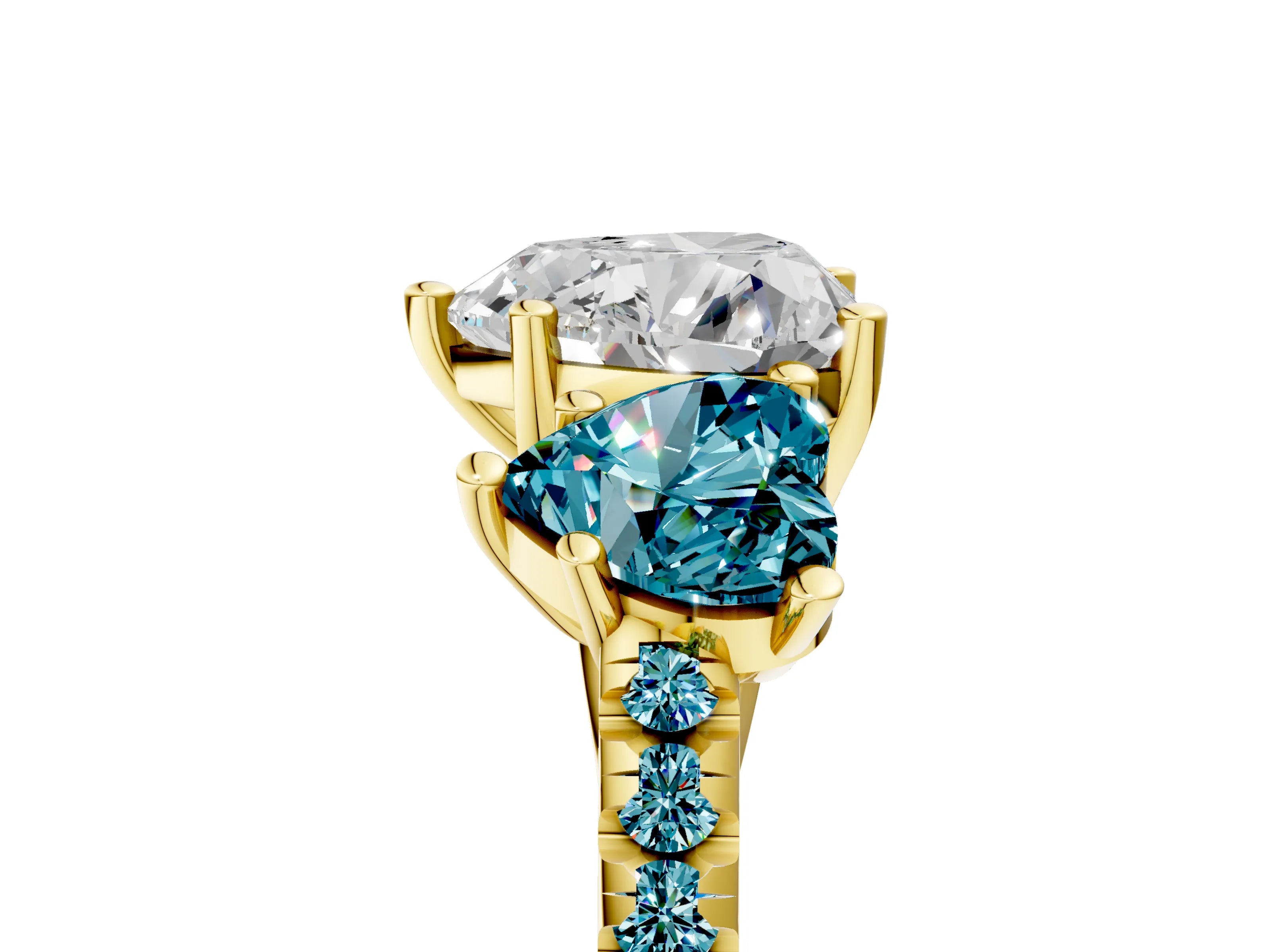 Yellow gold Three-Stone Heart Cut Diamond Ring with Round with Blue Topaz side stone Pavé Band and Prong Setting_5