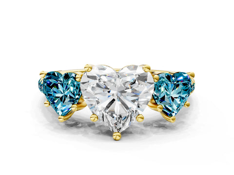 Yellow gold Three-Stone Heart Cut Diamond Ring with Round with Blue Topaz side stone Pavé Band and Prong Setting