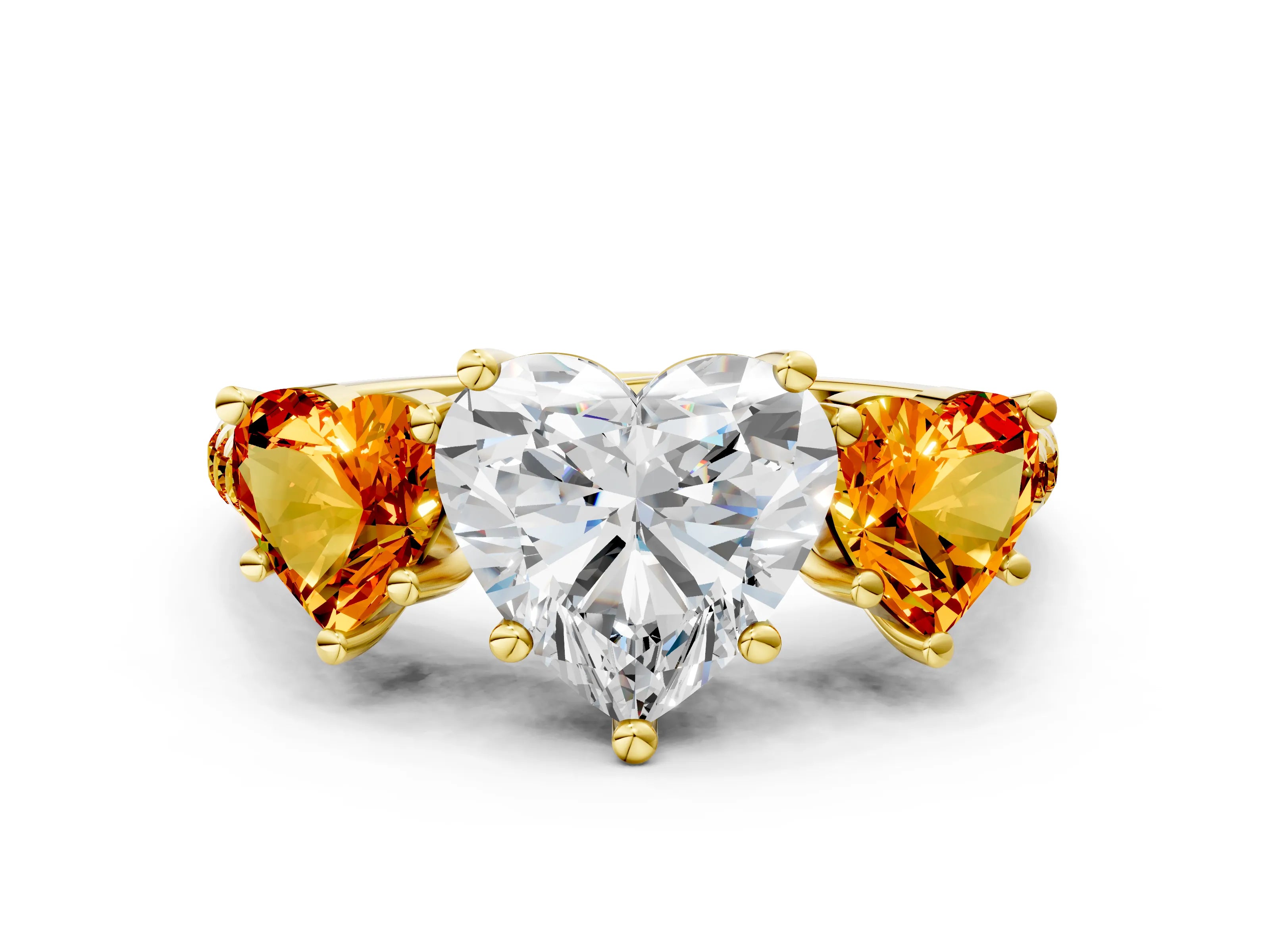 Yellow gold Three-Stone Heart Cut Diamond Ring with Round with Citrine side stone Pavé Band and Prong Setting