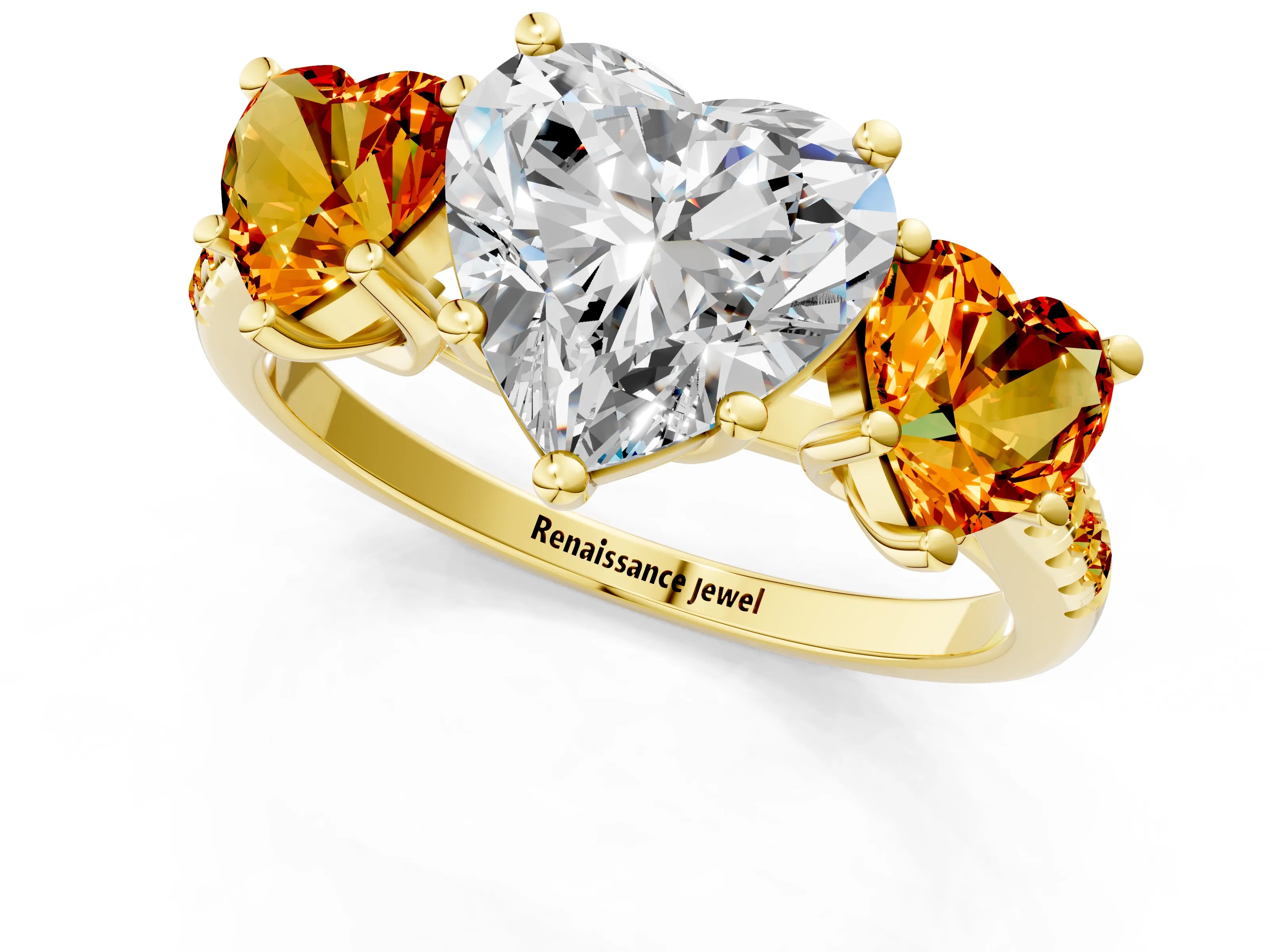 Yellow gold Three-Stone Heart Cut Diamond Ring with Round with Citrine side stone Pavé Band and Prong Setting_1