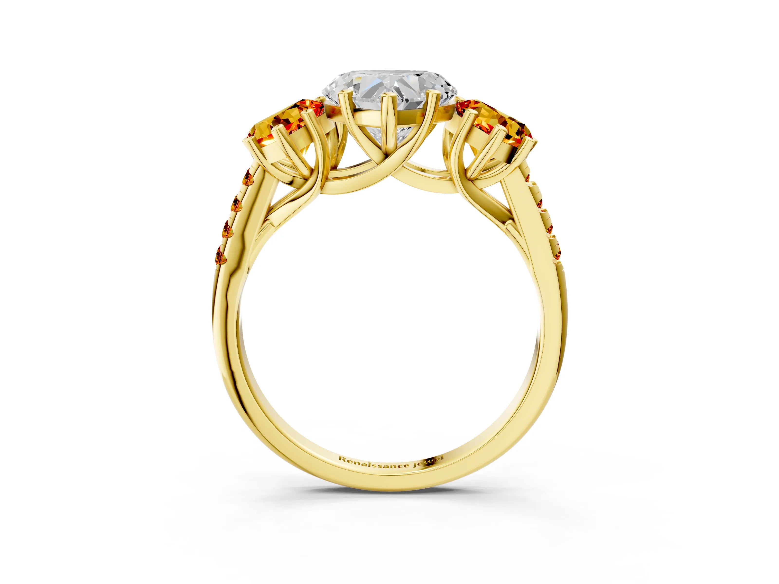 Yellow gold Three-Stone Heart Cut Diamond Ring with Round with Citrine side stone Pavé Band and Prong Setting_3