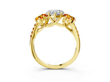 Yellow gold Three-Stone Heart Cut Diamond Ring with Round with Citrine side stone Pavé Band and Prong Setting_3
