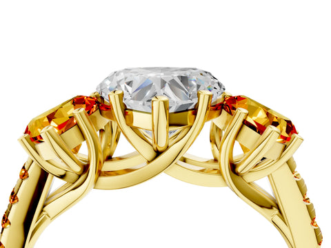 Yellow gold Three-Stone Heart Cut Diamond Ring with Round with Citrine side stone Pavé Band and Prong Setting_4