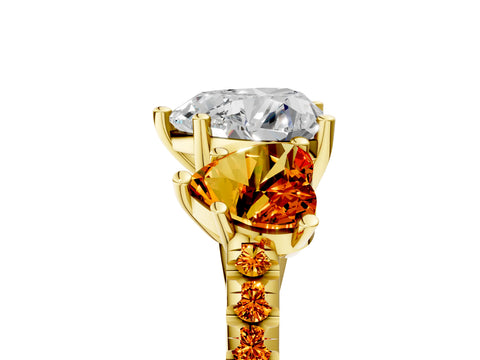 Yellow gold Three-Stone Heart Cut Diamond Ring with Round with Citrine side stone Pavé Band and Prong Setting_5