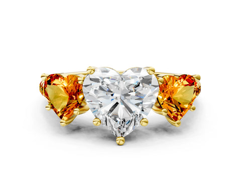 Yellow gold Three-Stone Heart Cut Diamond Ring with Round with Citrine side stone Pavé Band and Prong Setting