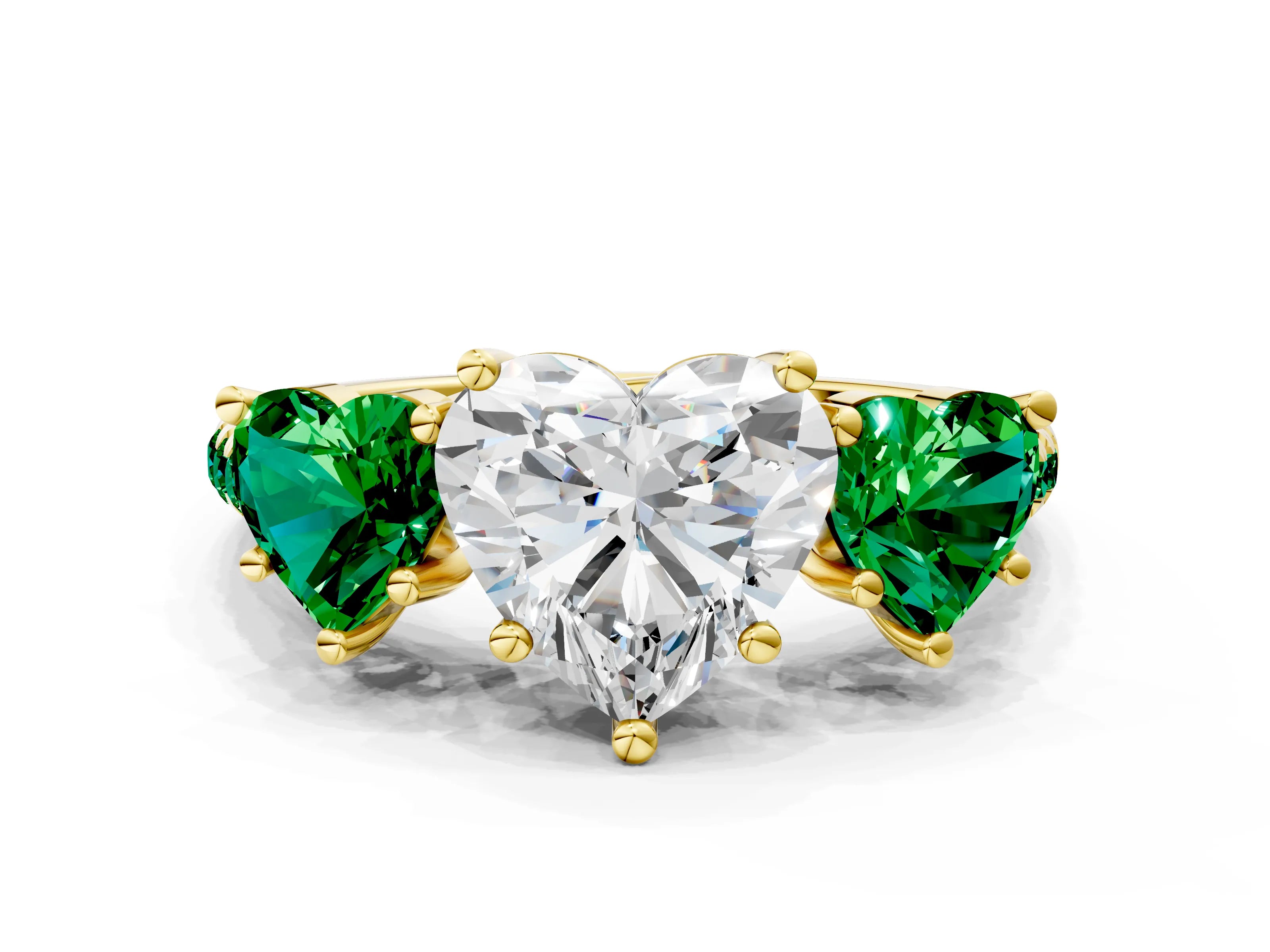 Yellow gold Three-Stone Heart Cut Diamond Ring with Round with Emerald side stone Pavé Band and Prong Setting
