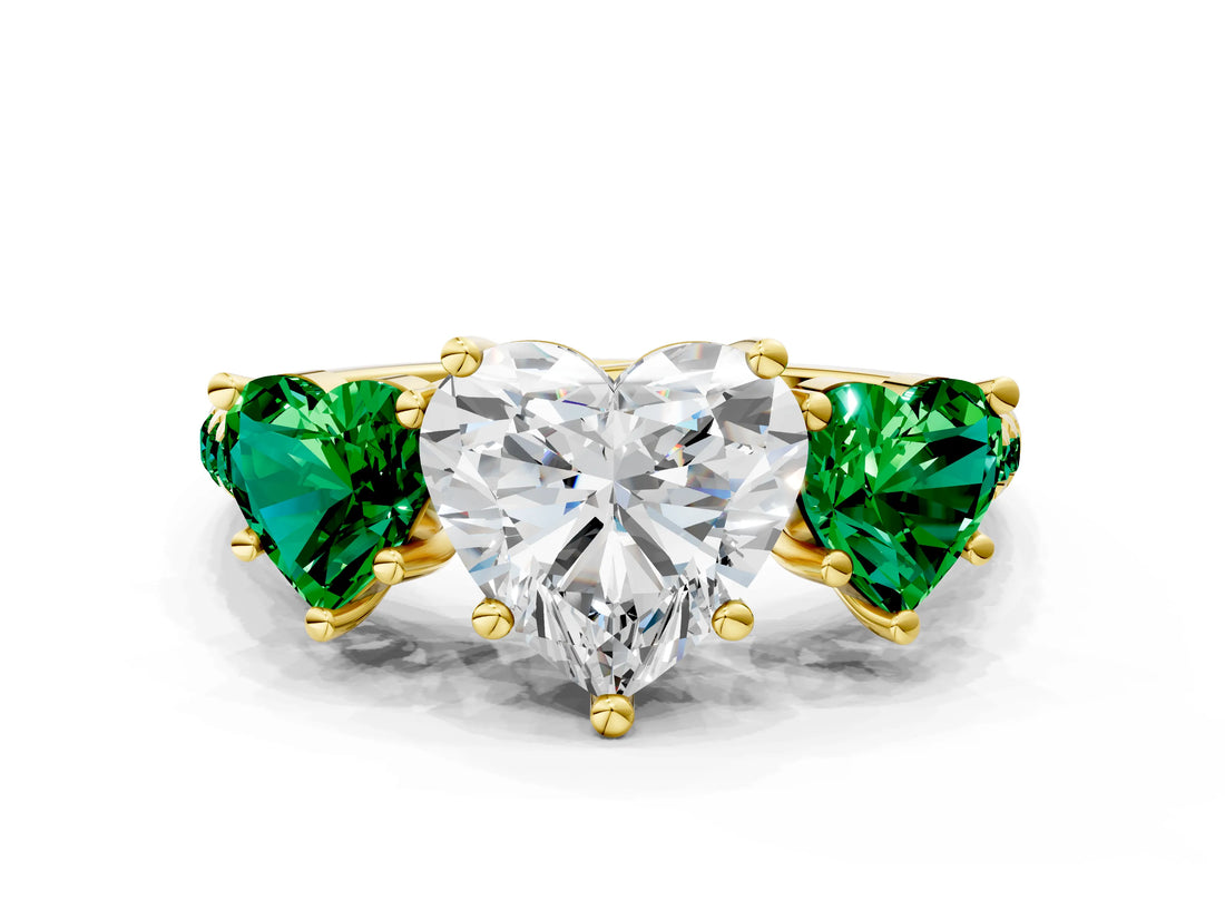 Yellow gold Three-Stone Heart Cut Diamond Ring with Round with Emerald side stone Pavé Band and Prong Setting