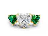 Yellow gold Three-Stone Heart Cut Diamond Ring with Round with Emerald side stone Pavé Band and Prong Setting