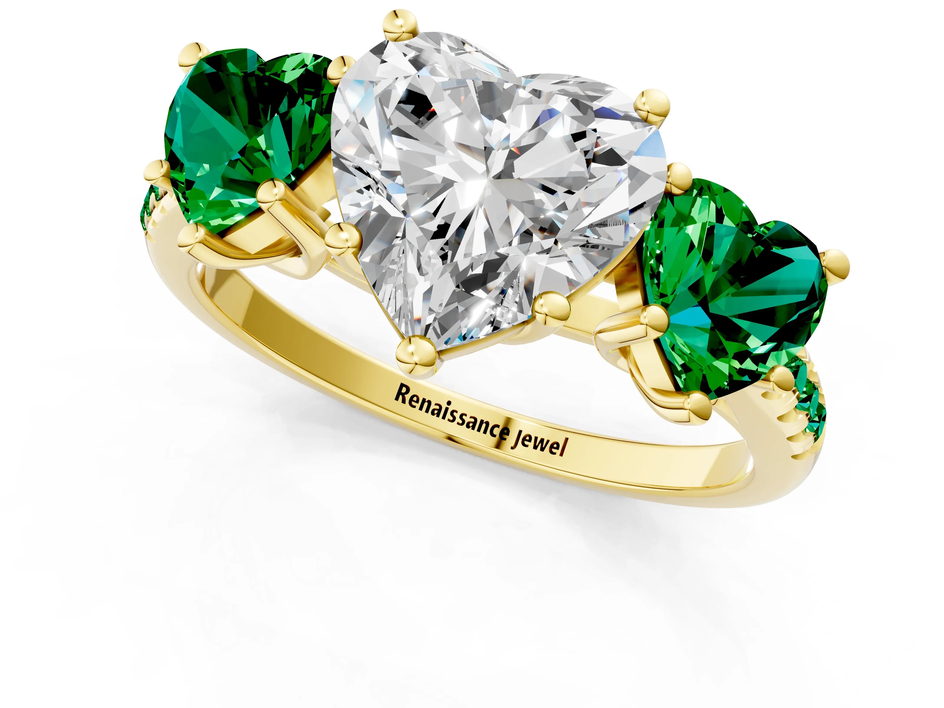 Yellow gold Three-Stone Heart Cut Diamond Ring with Round with Emerald side stone Pavé Band and Prong Setting_1